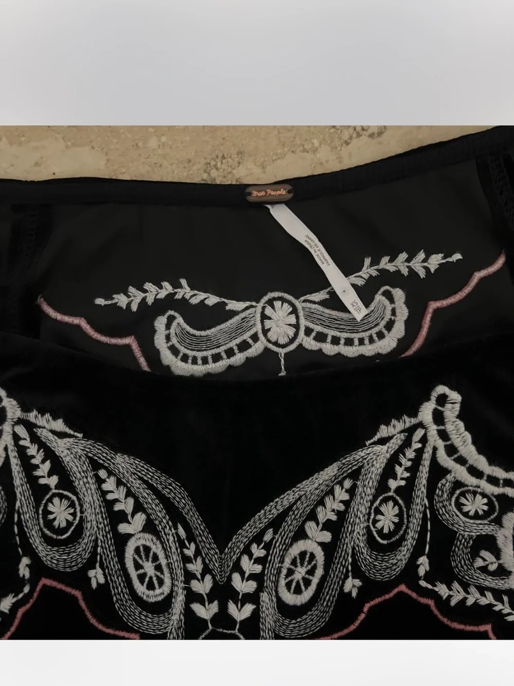 Free People Black Velvet Embroidered Short Sleeve Top